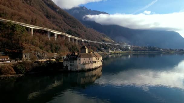 Один Самых Красивых Средневековых Замков Европы Шато Шильон Женевском Озере — стоковое видео