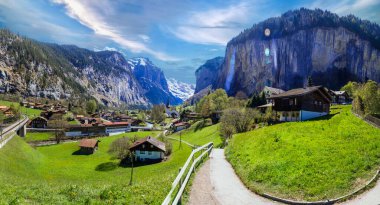Amazing landscape of Switzerland Alps mountains and charming villages. Iconic village with waterfall -Lauterbrunnen