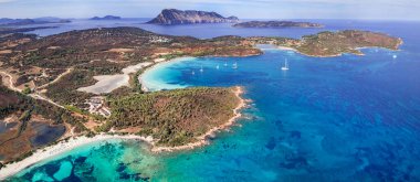 Sardegnia island nature scenery and best beaches. Aerial drone panoramic view of  beautiful Brandinchi beach over sunset. Italy summer holidays