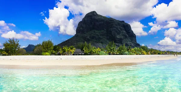 Dream exotic island. tropical paradise. Best beaches of Mauritius island - Le Morne with iconic huge roc