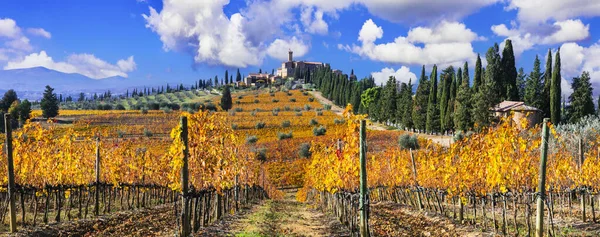 Włochy Krajobraz Toskanii Złote Winnice Toskanii Panorama Średniowiecznego Zamku Żółtych — Zdjęcie stockowe