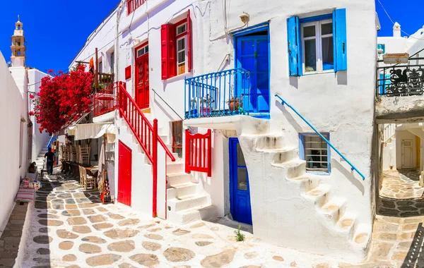 Auténtica Grecia Tradicional Isla Mykonos Encantadoras Calles Florales Colores Del — Foto de Stock