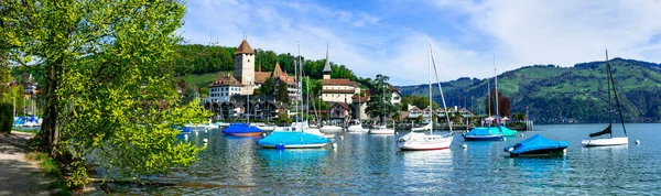 Scenic Thun Meer Het Spiez Dorp Met Zijn Beroemde Middeleeuwse — Stockfoto