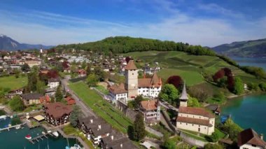 İsviçre seyahati Manzaralı Göl Thun ve Spiez Köyü 'nün insansız hava aracı görüntüleri Canton Bern' deki Alpler 'de ortaçağ şatosu ve eski bir kasaba.