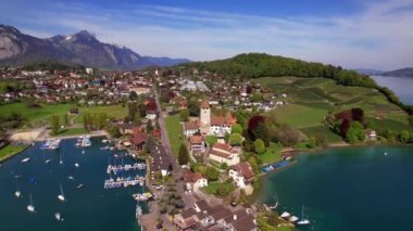 İsviçre seyahati Manzaralı Göl Thun ve Spiez Köyü 'nün insansız hava aracı görüntüleri Canton Bern' deki Alpler 'de ortaçağ şatosu ve eski bir kasaba.