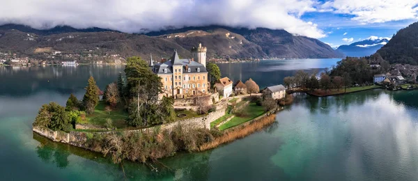 Incredibili Laghi Panoramici Delle Alpi Europee Bella Annecy Con Castello — Foto Stock