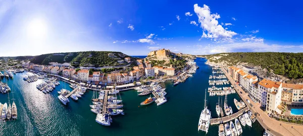 Letecký Panoramatický Výhled Bonifacio Ostrov Korsika Pohled Hrad Přístav Plachetnicemi — Stock fotografie