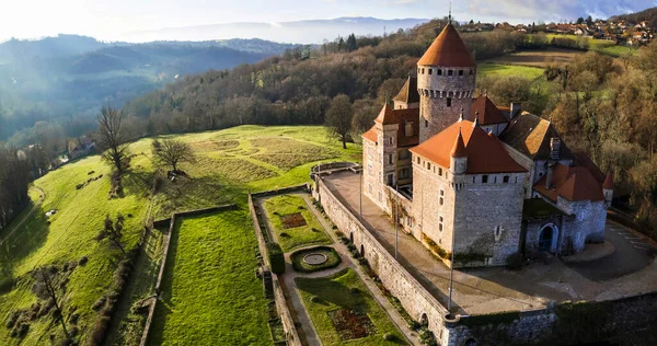 Vista Panorâmica Drones Aéreos Belíssimo Castelo Medieval Chateau Montrottier Rhone — Fotografia de Stock