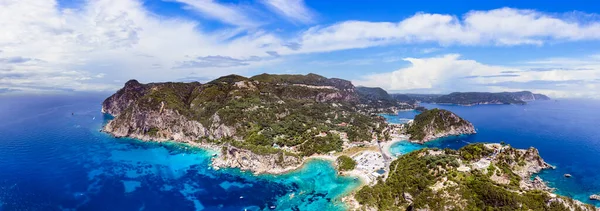 Corfu Island Aerial Drone View Most Popular Beautiful Paleokastrtsa Tourist — Stock Photo, Image