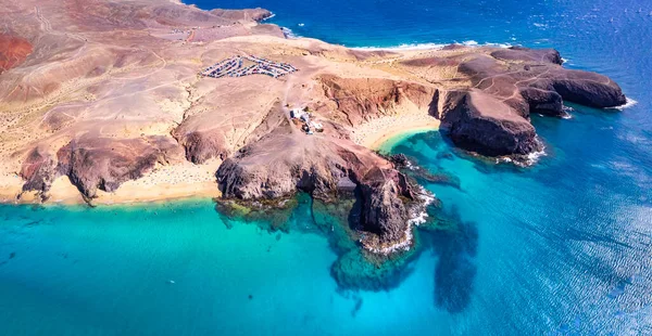 Lanzarorote Kanarya Adaları Plaj Manzarası Güneydeki Popüler Papagayo Plajının Panoramik — Stok fotoğraf