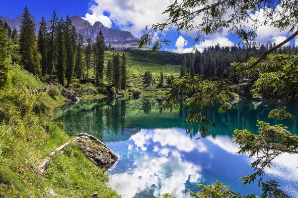 Paesaggio Naturalistico Idilliaco Lago Montagna Turchese Carezza Circondato Rocce Dolomitiche — Foto Stock