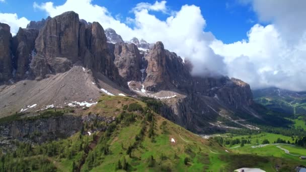 Zapierająca Dech Piersiach Panorama Pięknych Alp Dolomity Val Gardena Dron — Wideo stockowe