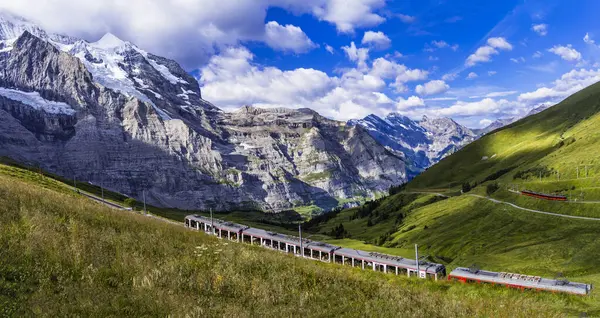 Idyllic Swiss Landscape Scenery Green Pastures Snowy Peaks Alps Mountains — Stock Photo, Image