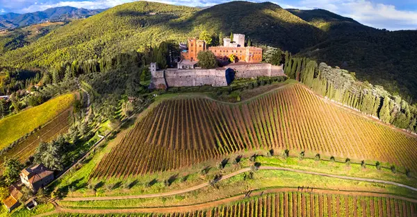 Włochy Krajobraz Toskanii Lotu Ptaka Widok Piękny Średniowieczny Zamek Castello — Zdjęcie stockowe