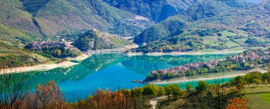 Italian scenic places . beautiful lake Turano and village Colle di tora and Castel di tora. Rieti province, Italy clipart