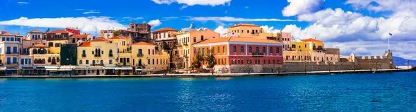 Piękna Grecja Najlepsze Malownicze Miejsca Panorama Malowniczego Starego Miasta Chania Obrazek Stockowy