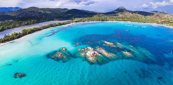 Korsika Adasının Iyi Plajları Güzel Santa Giulia Long Beach Havadan Telifsiz Stok Imajlar