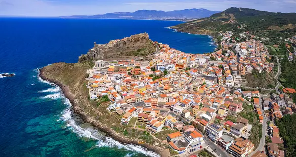 stock image Sardegna, Italy. beautiful medieval coastal town Castelsardo in the north of the island, province of Sassari. Aerial drone panoramic view