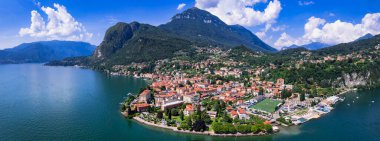 Idyllic göl manzarası, inanılmaz Lago di Como. Güzel Menaggio kasabasının hava manzarası. İtalya, Lombardia. Hava aracı panoramik görünümü