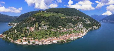 Morcote İsviçre 'nin en güzel köylerinden biridir, Lugano Canton Ticino Gölü. havadan panoramik görünüm