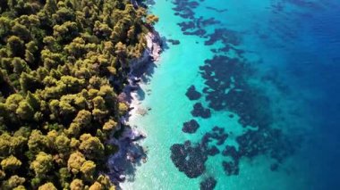 Yunanistan yelken açıyor. Kastani 'nin havadan görünüşü - Sporades' deki, Hava aracı 4k hd video Kristal turkuaz deniz ve beyaz plaj görüntüsü
