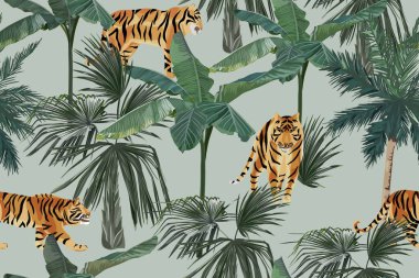 Palmiye ağaçları ve kaplanlarla tropik, pürüzsüz desen. Yaz ormanı geçmişi. Klasik vektör çizimi. Yağmur ormanları manzarası