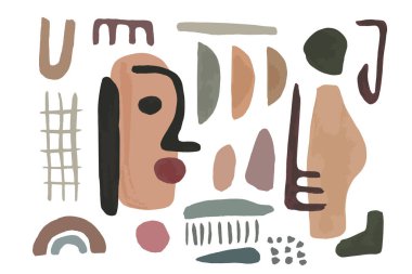 Geometrik elementli ve beyaz arkaplanda yüzü olan soyut bir poster. İskandinav boya izi. İskandinav tarzı. Soyut modern trend el çizimi illüstrasyon