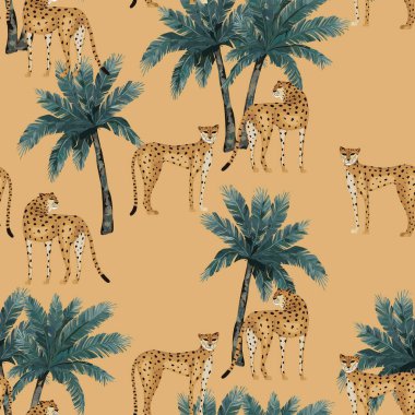 Çitaların ve kum zemininde palmiye ağaçlarının olduğu soyut, pürüzsüz bir desen. Vektör illüstrasyonu