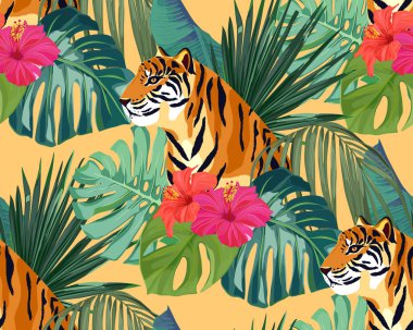 Tropik, pürüzsüz desen. Palmiye yaprakları, çiçek amblemi ve kaplan. Vektör çizimi. Yaz arkaplanı 