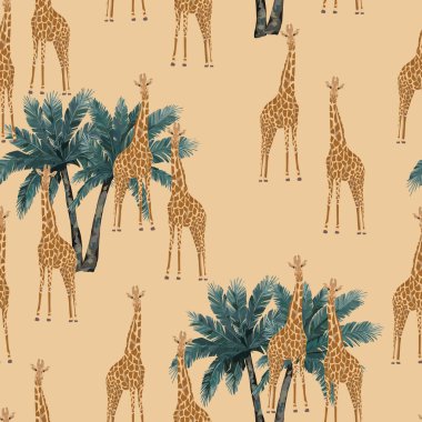 Zürafalar ve kum zemininde palmiye ağaçları olan soyut, pürüzsüz desenler. Vektör illüstrasyonu