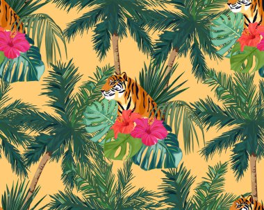 Tropik, pürüzsüz desen. Palmiye ağaçları, çiçek amblemi ve kaplan. Vektör çizimi. Yaz ormanı geçmişi 