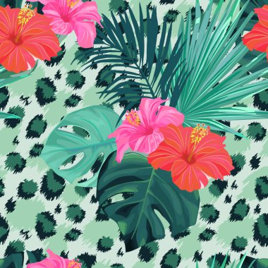 Palmiye yaprakları ve amber çiçeğiyle tropikal desen. Orman yaz bitkisi. Soyut leopar arkaplanı. Vektör çiçek illüstrasyonu