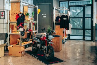 NAKHON PATHOM,THAILAND-JANUARY 7, 2023 : View of Honda Super Cub C 125 Motorcycle classic 125cc. collection on display for sale at CUB House Nakhon Pathom Honda x Greyhound Coffee. Concept retro.