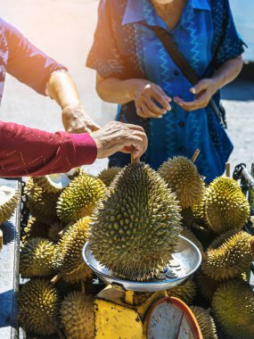 Yaşlı Taylandlı kadın satıcı yol kenarındaki turistlere durian, meyve ve sebze satarak motosiklet sürüyor. Sokak tüccarı taze Durian eti kesip satmış. Durian ticareti. Seçici odak.