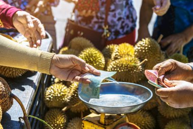 Yaşlı Taylandlı kadın satıcı yol kenarındaki turistlere durian, meyve ve sebze satarak motosiklet sürüyor. Sokak tüccarı taze Durian eti kesip satmış. Durian ticareti. Seçici odak.