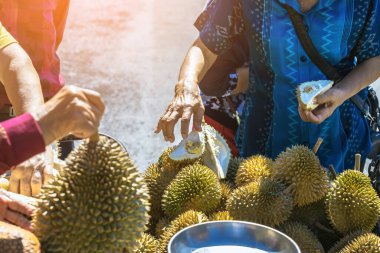 Yaşlı Taylandlı kadın satıcı yol kenarındaki turistlere durian, meyve ve sebze satarak motosiklet sürüyor. Sokak tüccarı taze Durian eti kesip satmış. Durian ticareti. Seçici odak.