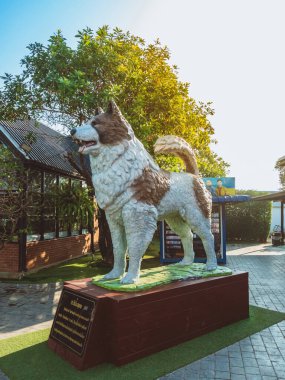 PHITSANULOK - THAILAND, 11 Aralık 2020: Bang Kaeo türünün beyaz kahverengi köpeğinin güzel bir heykeli Tayland 'da PTT benzin istasyonundaki Amazon kahve dükkanının önündeki Phitsanulok turizminin sembolüdür..
