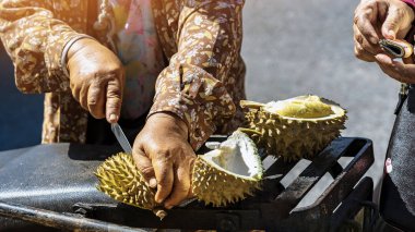 Yaşlı Taylandlı kadın satıcı yol kenarındaki turistlere durian, meyve ve sebze satarak motosiklet sürüyor. Sokak tüccarı taze Durian eti kesip satmış. Durian ticareti. Seçici odak.