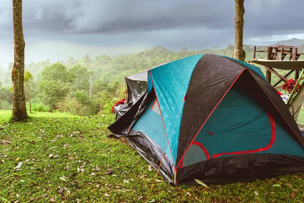 Camping Activities Rain Filled Holiday Tent Campsite Hill Rainy Day — Stock Photo, Image