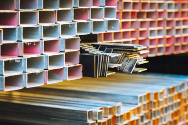 Depoda satılık pek çok farklı çelik çubuk ve tüpler var. Metal yapıların satışı için depo, demir boruların profili, köşeler, kanal barları, I-ışınları, endüstriyel çelik çubuklar.