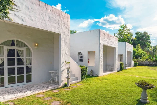 stock image KANCHANABURI-THAILAND,JUNE 30,2023 : Beautiful exterior view of modern resort in loft style or decoration of cozy lodge in modern style at Villa La Flora. Beautiful Resort or Hotel exterior in garden.