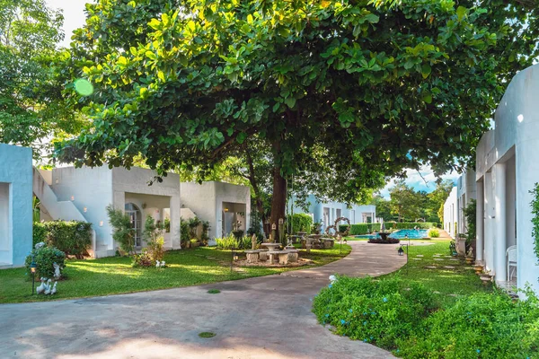 stock image KANCHANABURI-THAILAND,JUNE 30,2023 : Beautiful exterior view of modern resort in loft style or decoration of cozy lodge in modern style at Villa La Flora. Beautiful Resort or Hotel exterior in garden.