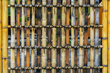 Japonya 'daki eski bambu çitleri kurdeleyle bağlanmış siyah bir iple tutturulmuş. Bambuların güzel ve basit arkaplanı. İple bağlanmış bambu çitler. Bambu duvarının deseni ya da dokusu. Sarı Bambu arkaplanı.