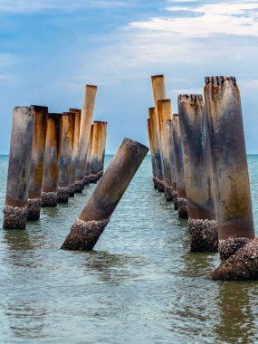 Eski iskelenin yaslanmış sütunlarının güzel manzarası. Eğik beton kutup plajı. Terk edilmiş balıkçı iskelesi, deniz kenarında. Birçok eski beton sütun deniz tarafından sahile bırakıldı. Seçici odak.