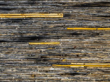 Zemin eski ve yeni sazlıklardan yapılmış. Bambu çit arka planı. 