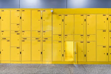 Ziyaretçiler için sarı numaralı dolaplar. Güvenlik dolabı. Tren istasyonundaki bagaj deposunda. Kişisel eşyalar için depo hücreleri. Anahtar tipi bir kasa dolabı. Kamu alanındaki depolama kutusu.