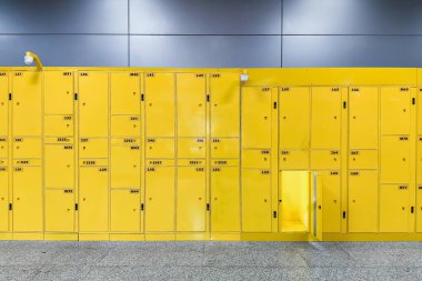 Ziyaretçiler için sarı numaralı dolaplar. Güvenlik dolabı. Tren istasyonundaki bagaj deposunda. Kişisel eşyalar için depo hücreleri. Anahtar tipi bir kasa dolabı. Kamu alanındaki depolama kutusu.