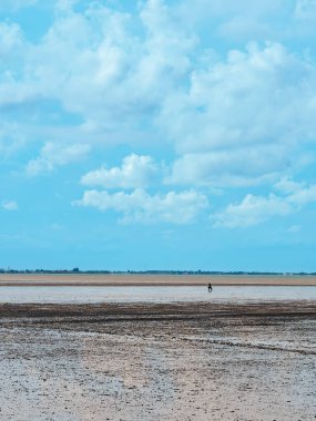 Balıkçı 'nın alçak gelgitte çamurda kabuklu deniz hayvanı ararken manzarası. Su moloz ve çamura dönüştükten sonra güzel bir deniz manzarası. Deniz seviyesinin altındaki balıkçılardan yiyecek topluyorum..