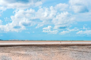 Balıkçı 'nın alçak gelgitte çamurda kabuklu deniz hayvanı ararken manzarası. Su moloz ve çamura dönüştükten sonra güzel bir deniz manzarası. Deniz seviyesinin altındaki balıkçılardan yiyecek topluyorum..