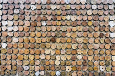 Doğadaki birçok ağaç kütüğü duvarda süslenir. Bir sürü kesilmiş kayıt arka planı var. Ağaç gövdelerinin kesitleri arka planda. Ağaç kesme süsü. Dekorasyon için ağaç gövdelerini bir araya getirmek.